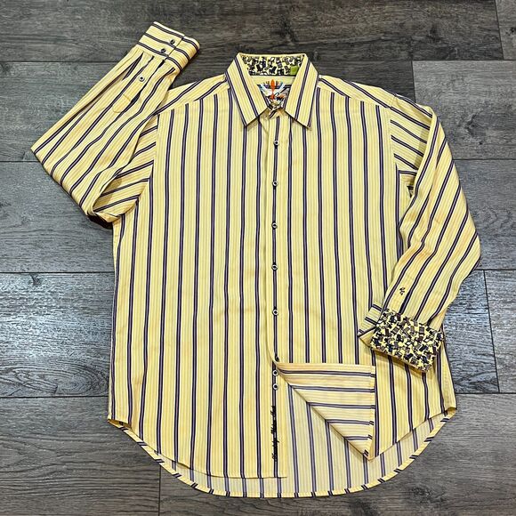Robert Graham Yellow Striped Button Up Long Sleeve Flip Cuff Shirt - Men's Large - Picture 1 of 10